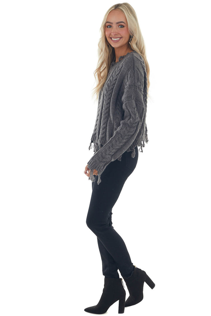 Charcoal Cable Knit Tassel Edge Sweater