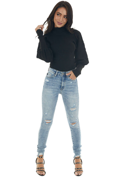 Black Ribbed Knit Sweater with Puff Sleeves