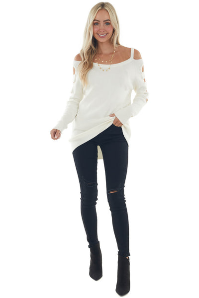 Ivory Ribbed Knit Sweater with Cut Out Sleeves 