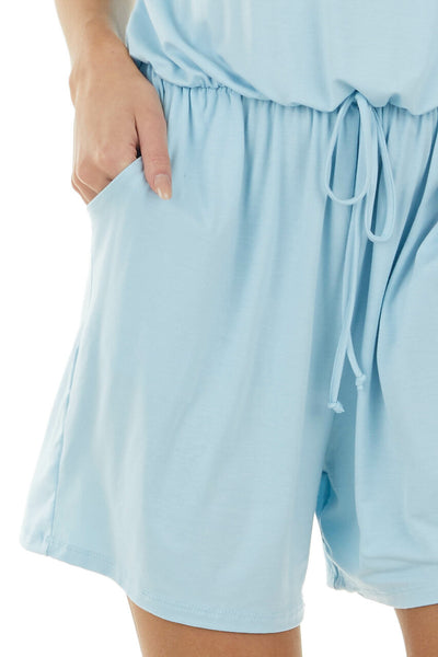 Baby Blue Short Sleeve Knit Romper with Elastic Waistband 