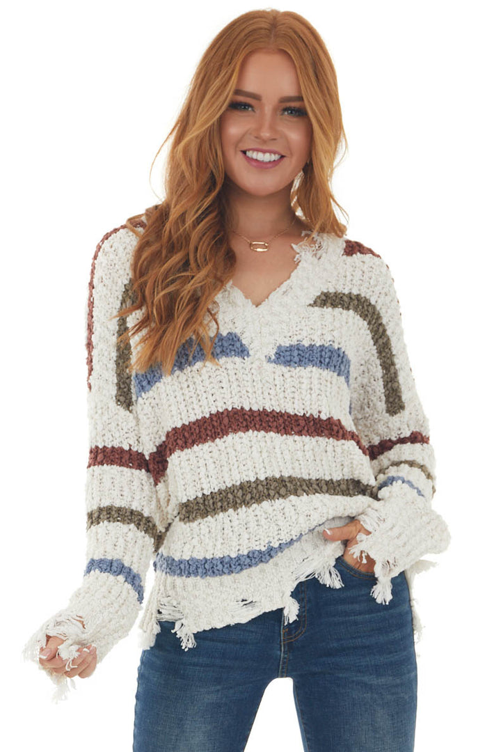 Cream Multicolor Striped Frayed Trim Sweater