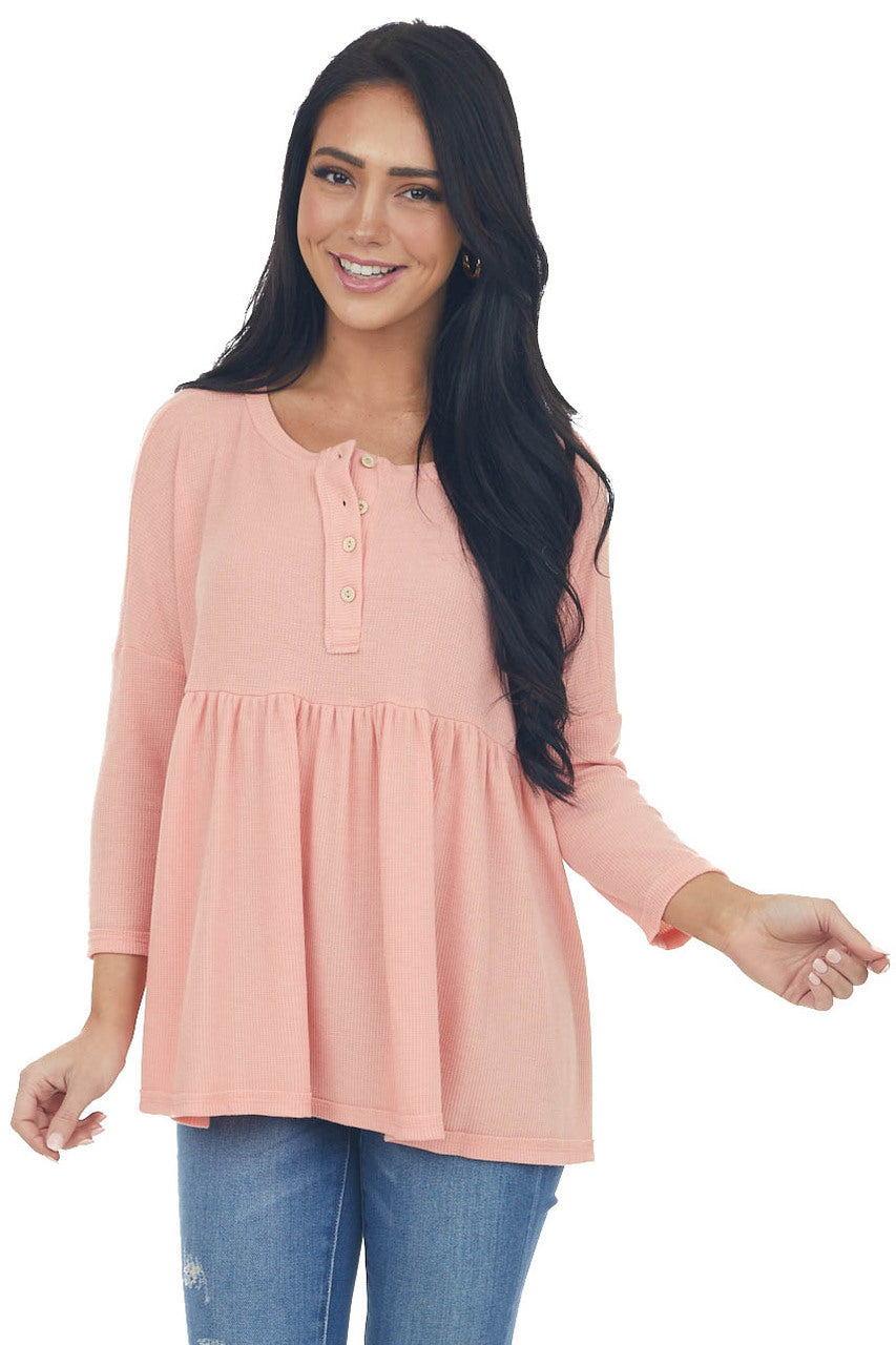 Coral Babydoll 3/4 Sleeve Oversized Henley Knit Top