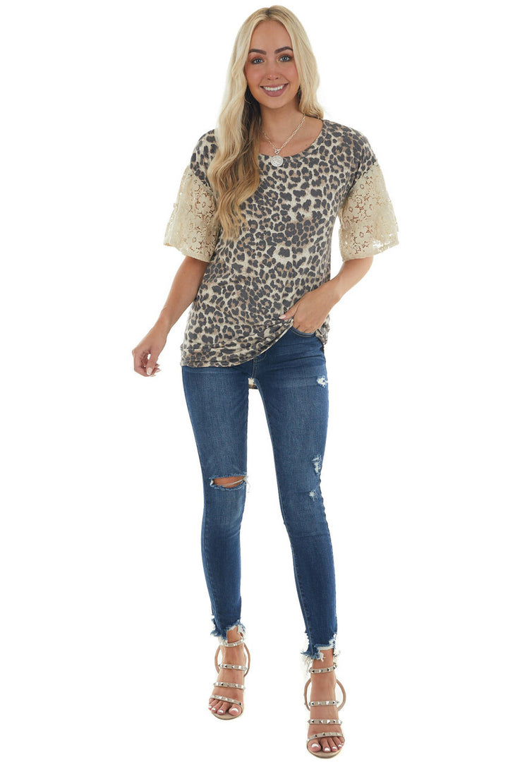 Latte Leopard Print Top with Short Floral Lace Bell Sleeves 