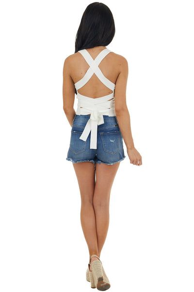 Ivory Ribbed Knit Criss Cross Back Crop Top