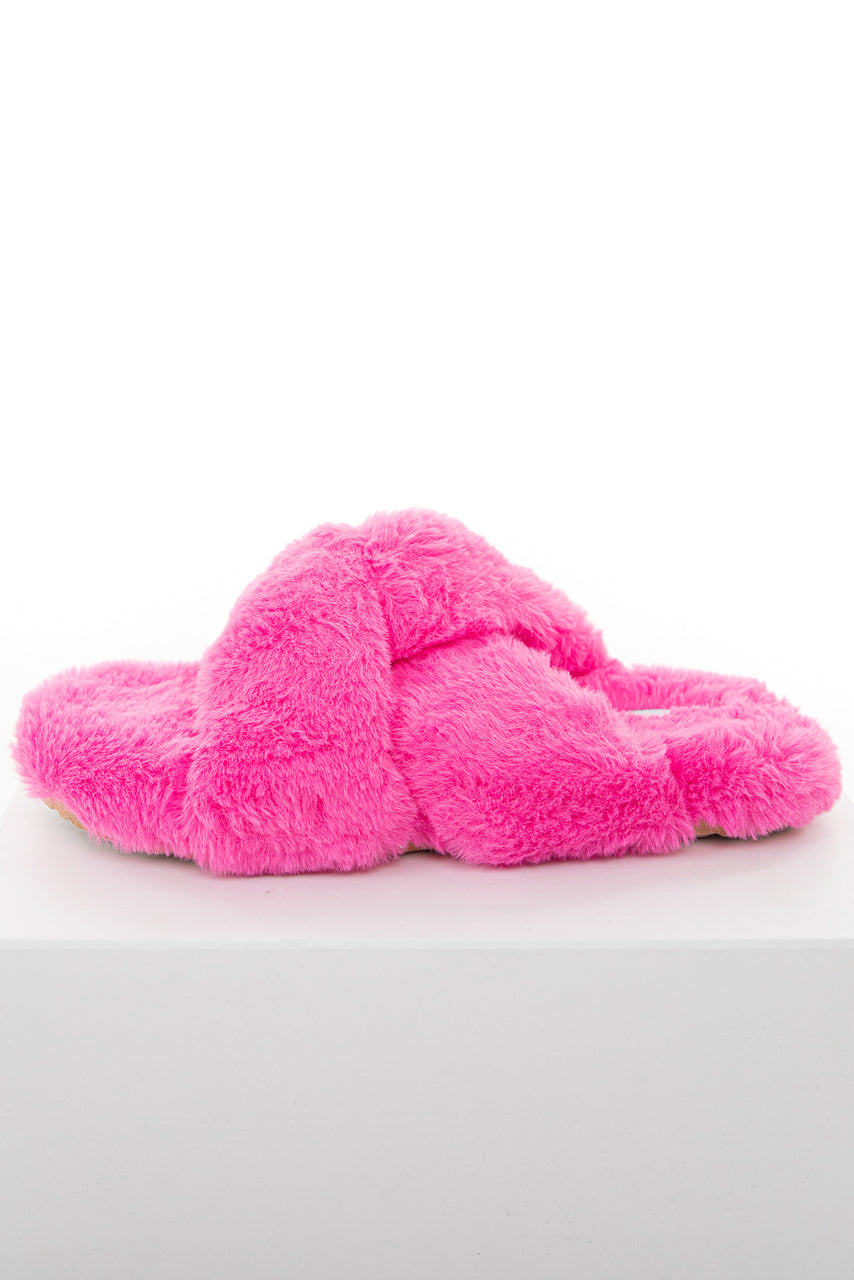 Hot Pink Fuzzy Soft Sandal Slippers with Criss Cross Details