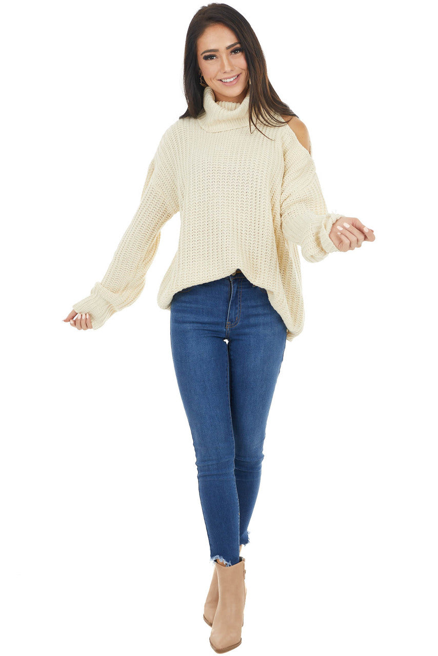Cream Long Sleeve Knit Sweater with Cold Shoulder