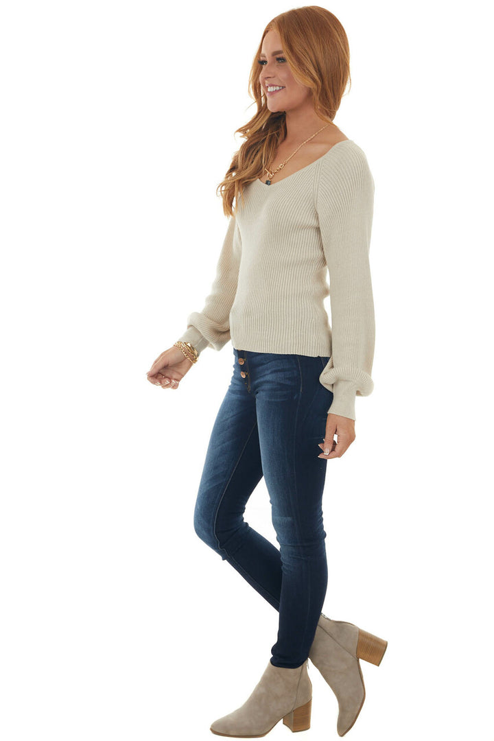Beige Ribbed Knit Top with Bubble Sleeves