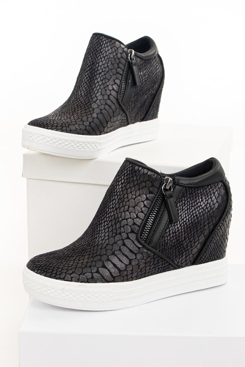 Black Snakeskin Print Textured Wedge Sneaker with Zippers