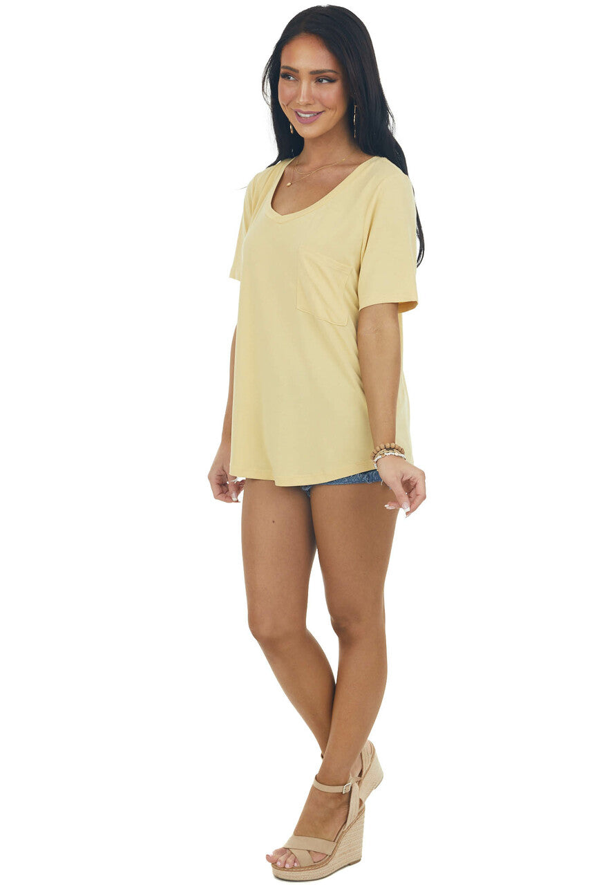 Yellow Short Sleeve Chest Pocket Knit Top