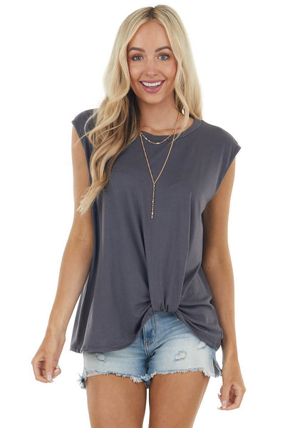 Graphite Sleeveless Knit Muscle Tank Top with Front Knot