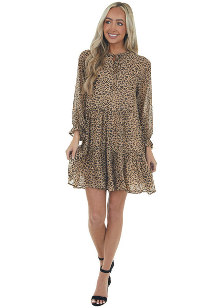 Beige Leopard Print Long Sleeve Ruffle Dress 