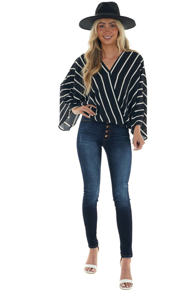 Black and Ivory Striped Surplice Neck Blouse