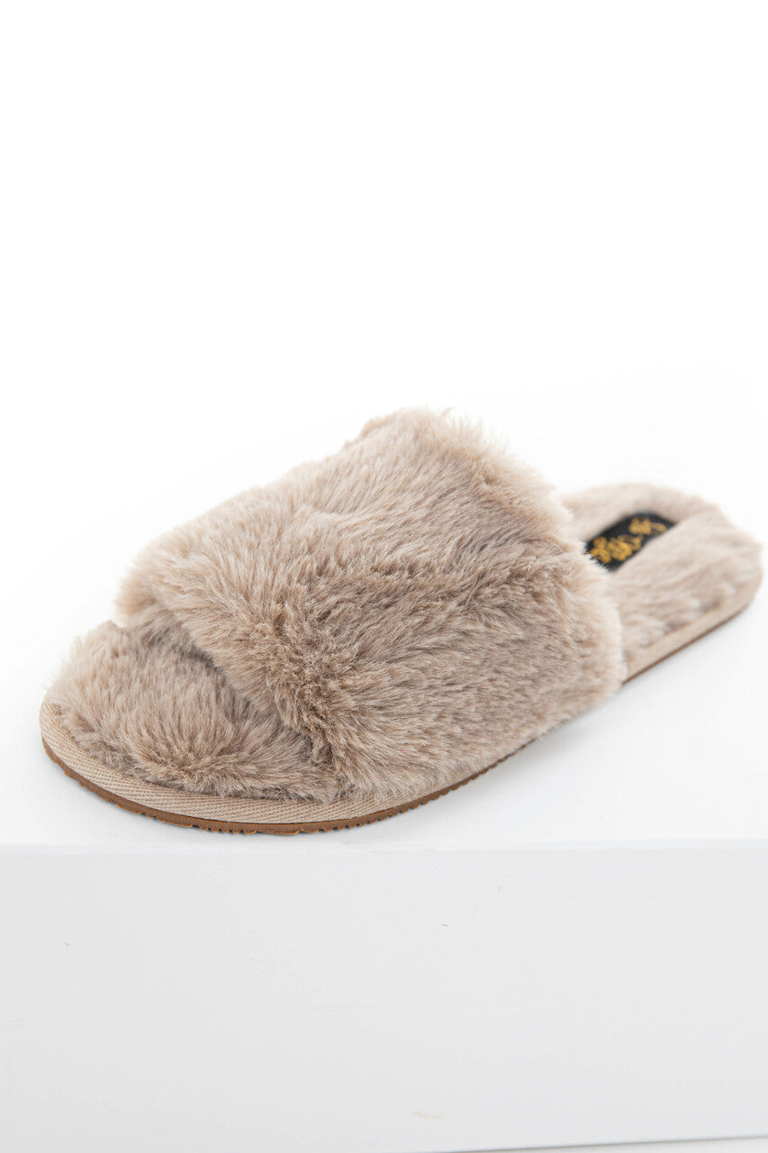 Taupe Fuzzy Faux Fur Slipper with Foam Sole