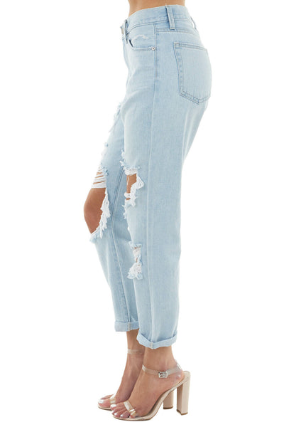 Light Wash High Rise Boyfriend Heavy Distressed Denim Jeans