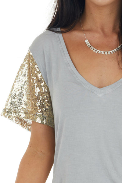 Steel V Neck Top with Short Sequin Sleeves