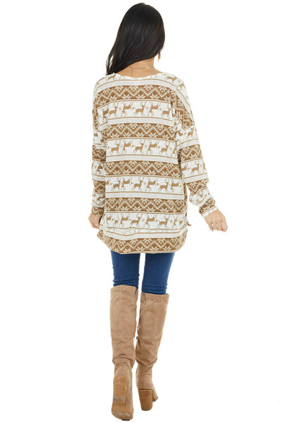Camel and Ivory Holiday Print Oversized Long Sleeve Top
