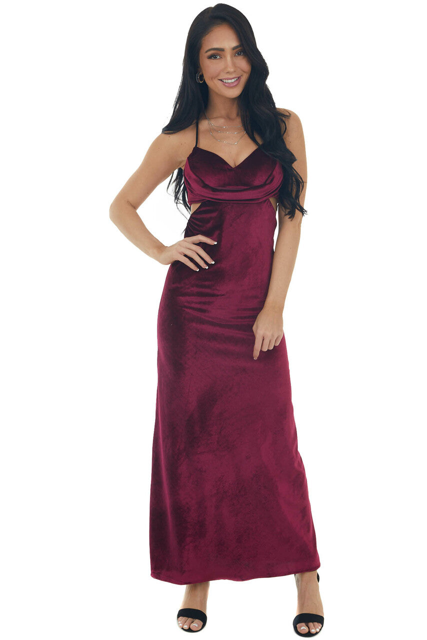 Vivid Wine Waist Cut Out Velvet Maxi Dress