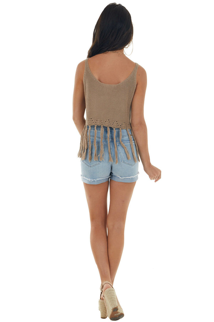 Taupe Sweater Knit Cropped Fringe Tank Top