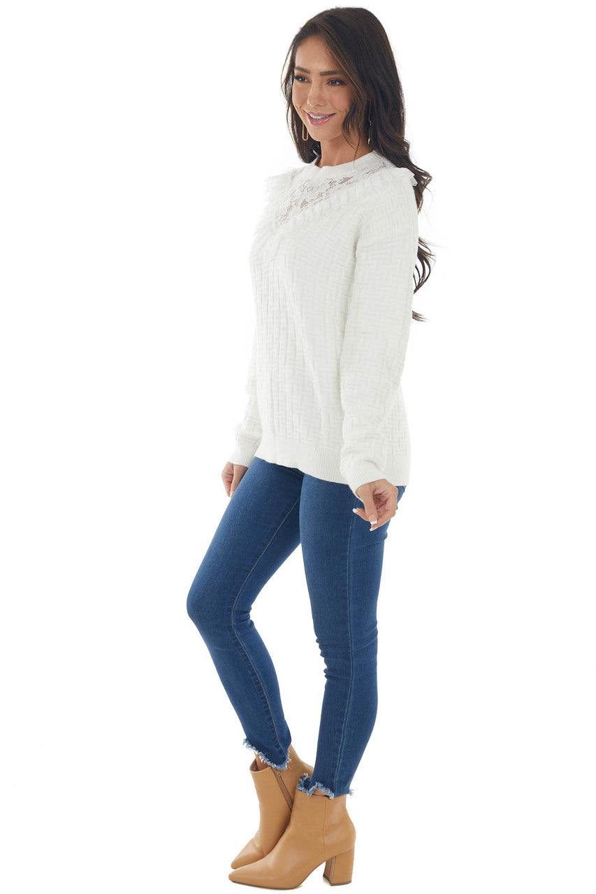 Ivory Textured Knit Sweater with Lace Detail
