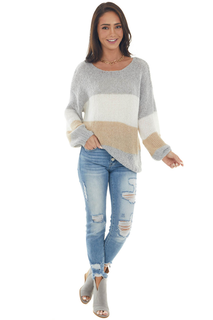 Heather Grey Colorblock Loose Knit Sweater 