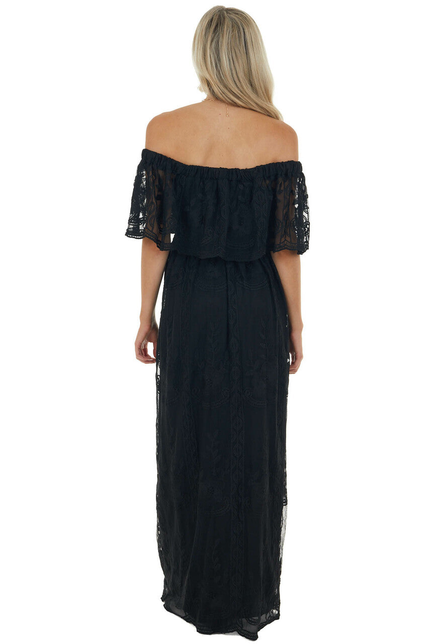 Black Off Shoulder Floral Lace Overlay Maxi Dress 