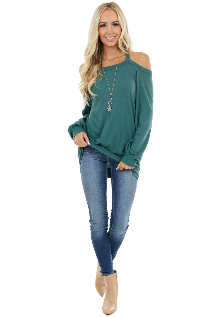 Pine Green Cold Shoulder Long Sleeve Top with Keyhole Detail 