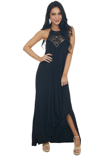 Midnight Black Sleeveless Maxi Dress with Front Lace Detail