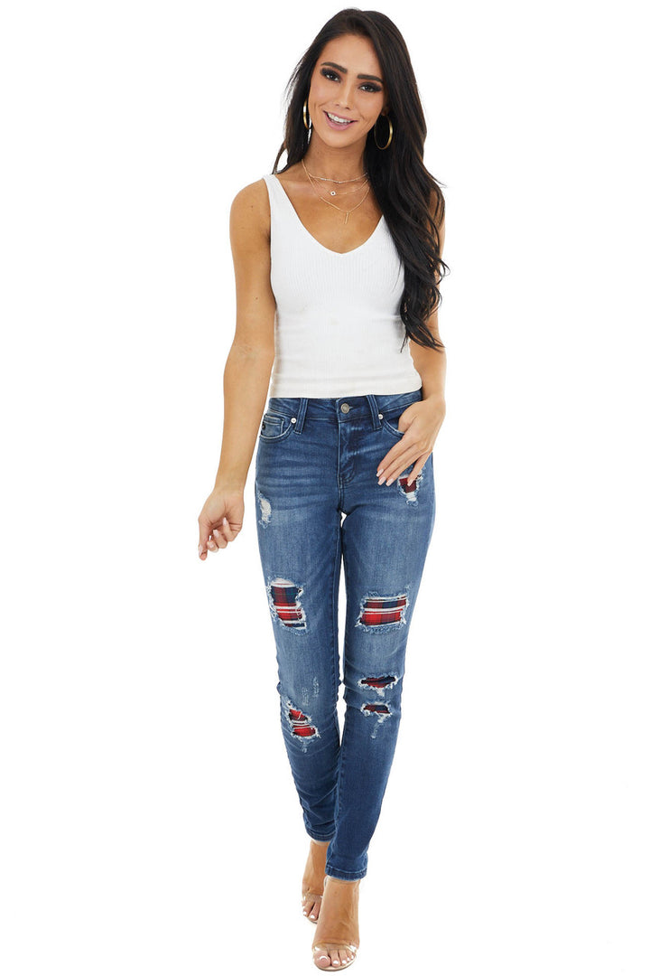 Dark Wash Mid Rise Distressed Plaid Patch Skinny Jeans