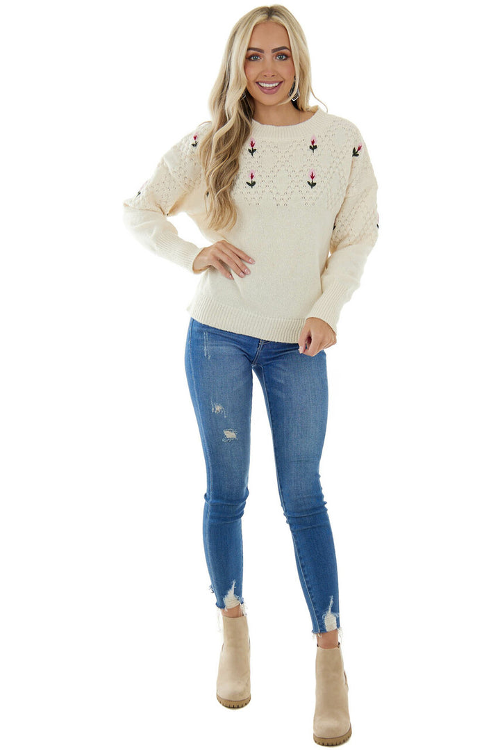 Cream Sweater with Embroidered Flower Detail