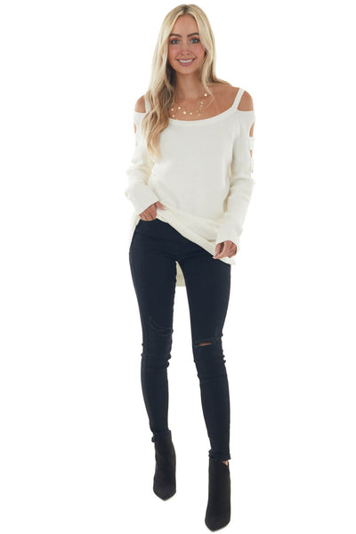 Ivory Ribbed Knit Sweater with Cut Out Sleeves 