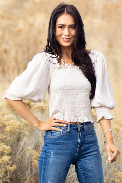 Eggshell Long Bubble Sleeve Smocked Blouse with Tie Detail
