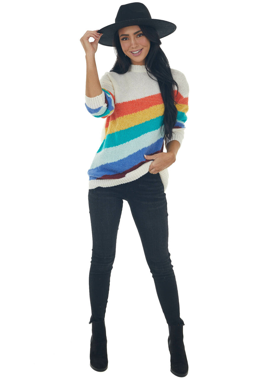 Ivory Multicolor Striped Knit Sweater 