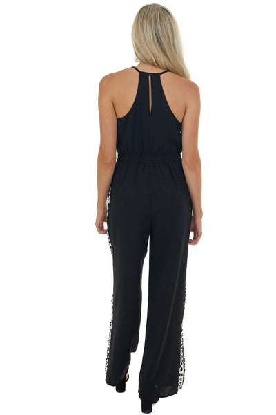 Black Leopard Contrast Sleeveless Jumpsuit 