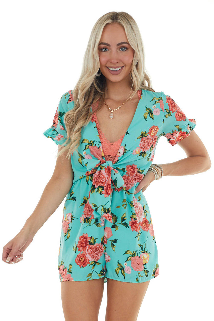 Turquoise and Floral Print Deep V Romper