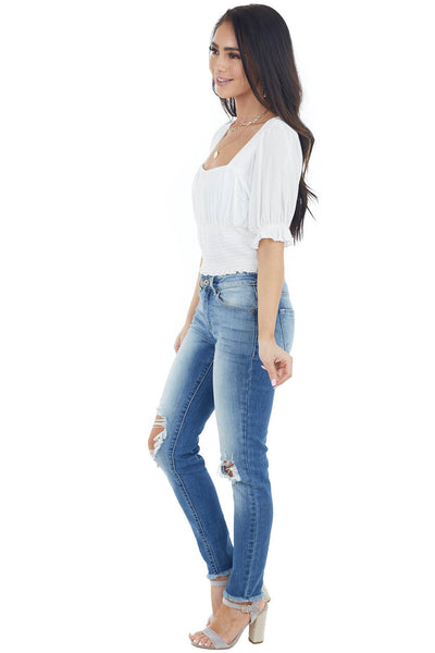 Ivory Babydoll Short Sleeve Crop Top with Smocked Detail