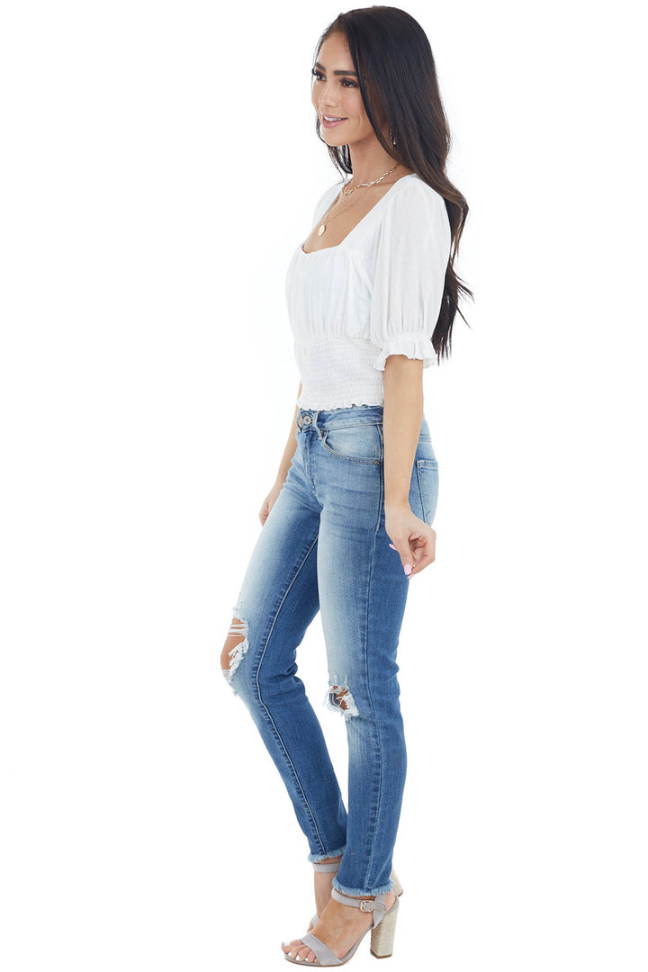 Ivory Babydoll Short Sleeve Crop Top with Smocked Detail