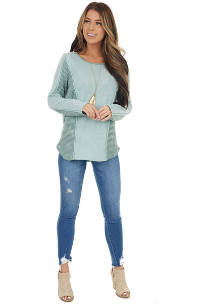 Sage Long Sleeve Waffle Knit Top with Contrast Detail