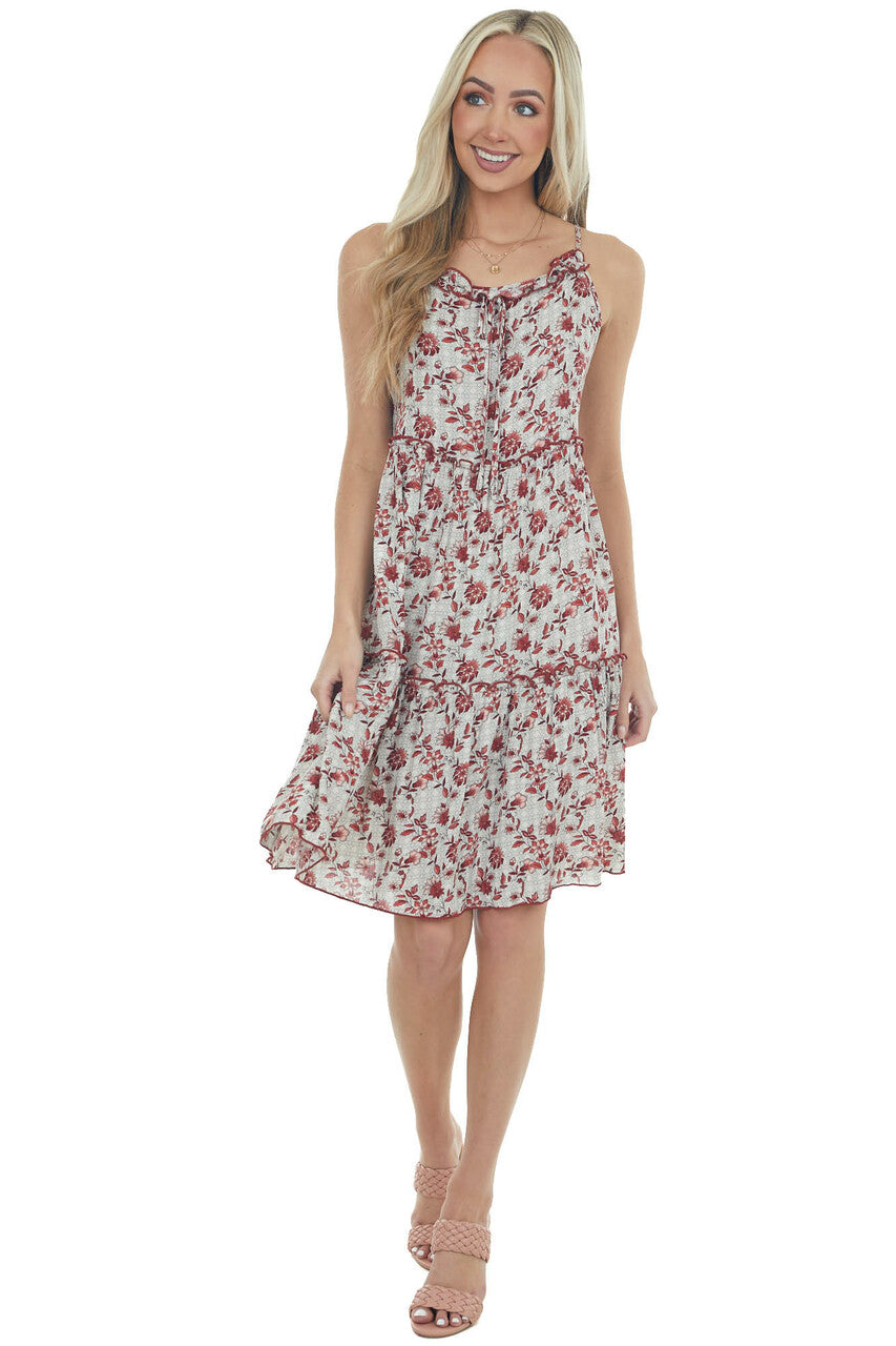 Ivory and Cherry Floral Print Short Dress