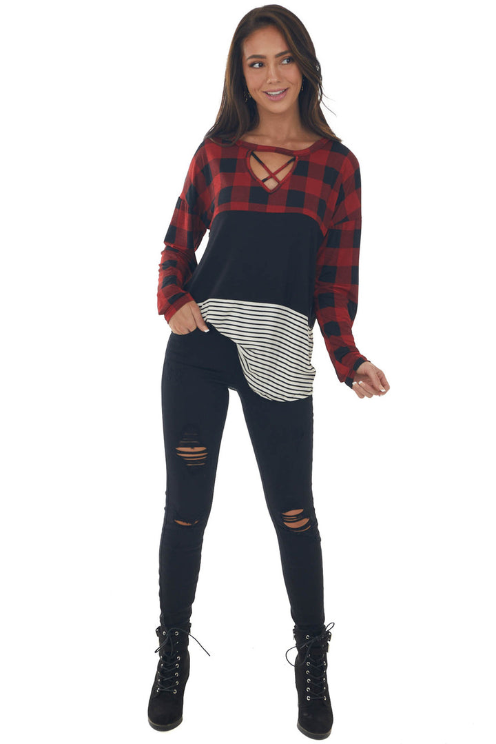 Cherry Buffalo Plaid Multiprint Strappy Top