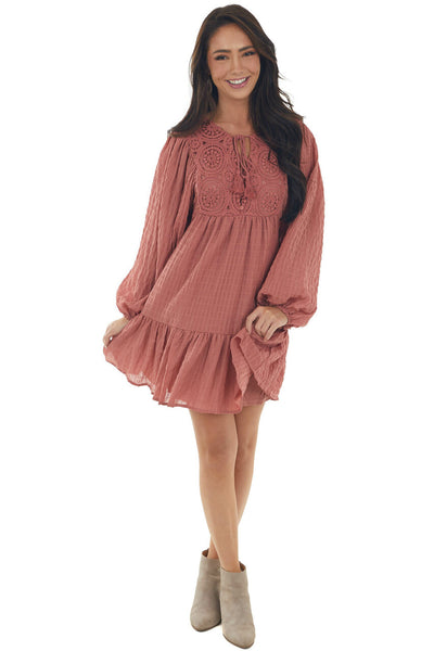 Vintage Rose Textured Puff Sleeve Lace Dress 