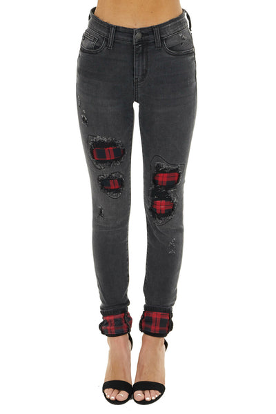 Faded Black Mid Rise Jeans with Plaid Patches and Cuffs