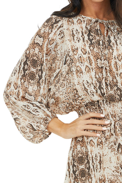 Beige Snakeskin Print Short Dress with Smocked Waist