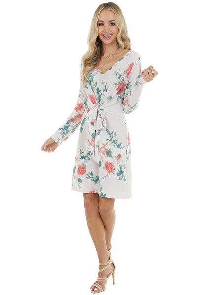Light Blush Floral Long Sleeve Mini Dress with Front Tie