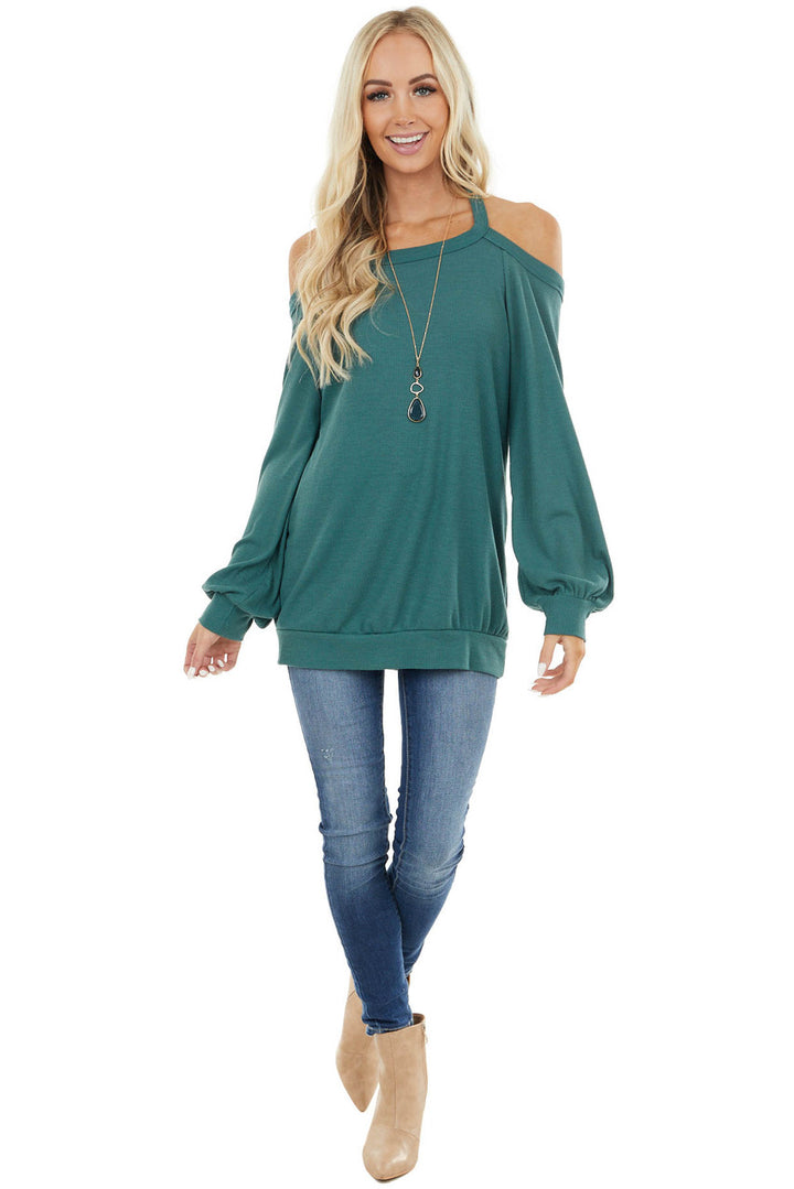 Pine Green Cold Shoulder Long Sleeve Top with Keyhole Detail 