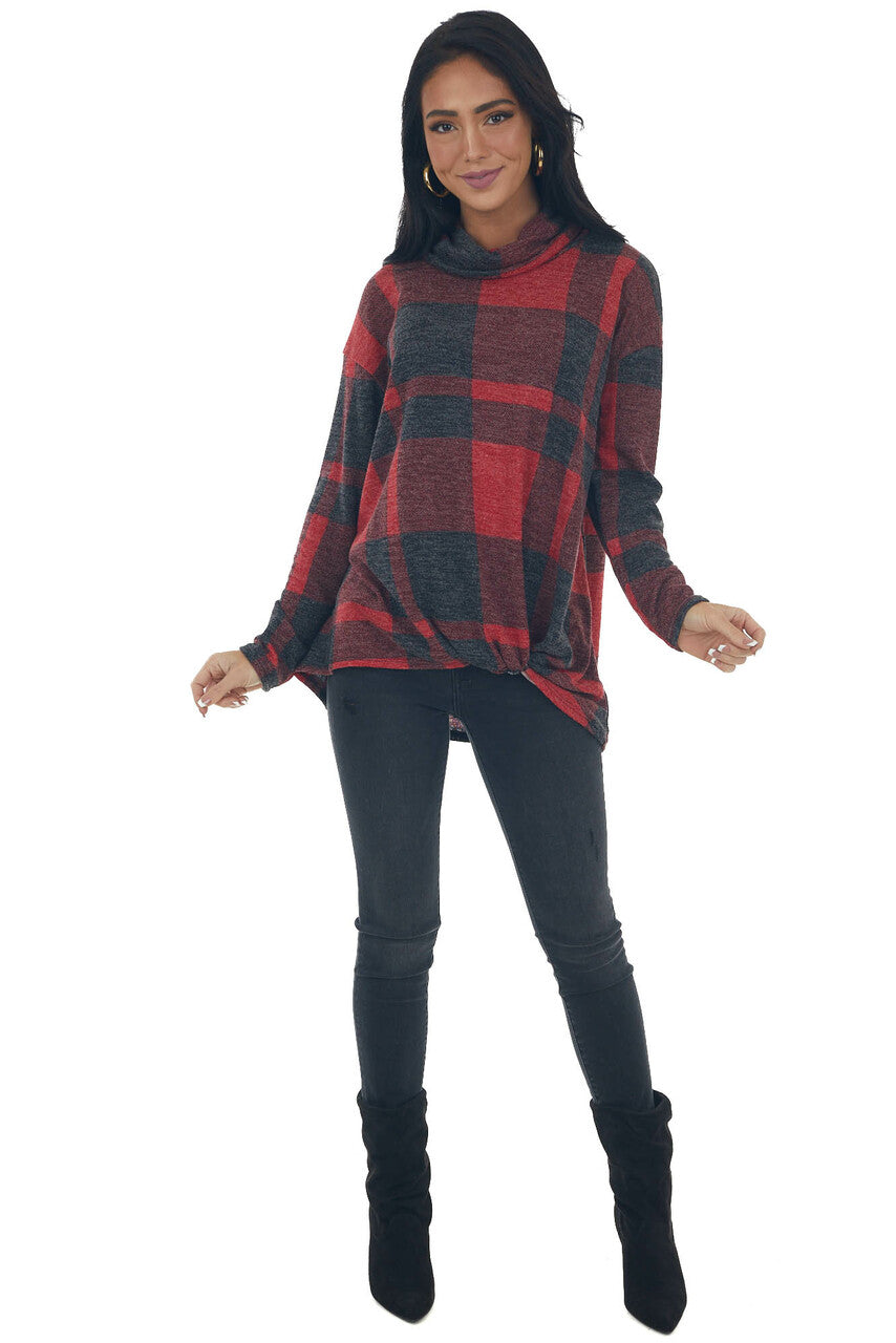 Red Plaid Long Sleeve Turtleneck Top