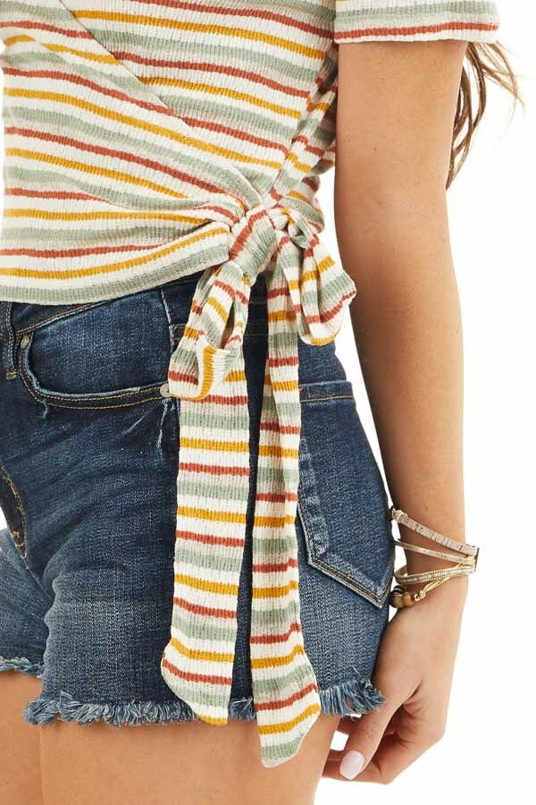 Cream Multicolor Striped Textured Knit Top with Side Tie detail