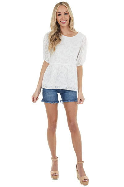 Off White Floral Lace Peplum Top with Short Puff Sleeves
