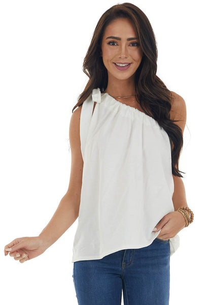 Ivory One Shoulder Top with Self Tie Strap