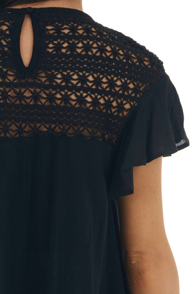Black Lace Yoke Short Sleeve Ruffle Top