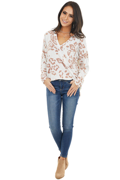 Ivory Leopard Print Long Sleeve Top with Front Pocket